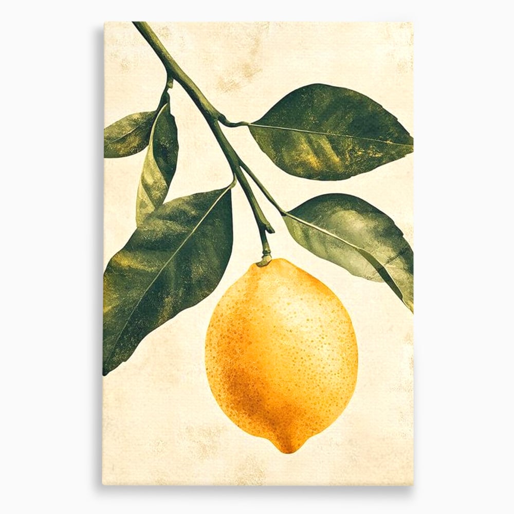 Tablou canvas cu ilustratie botanica cu lamaie si frunze, fara rama, pe sasiu de lemn